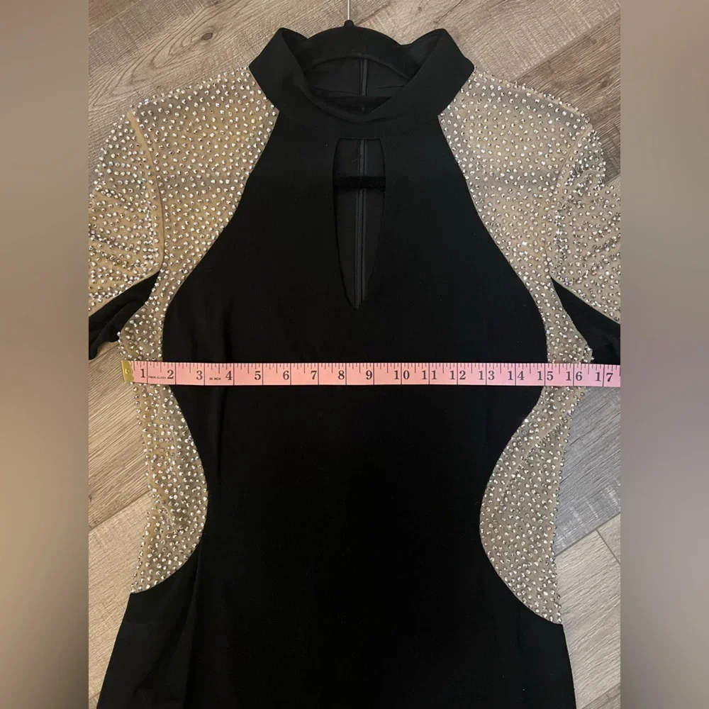 Xscape Black Dress with sheer studded contour detailing size 10